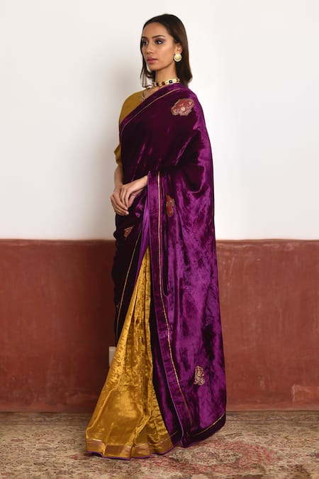 Shorshe Clothing_Purple Velvet, Tissue Sequins, Beads Color Block Embroidered Saree _at_Aza_Fashions