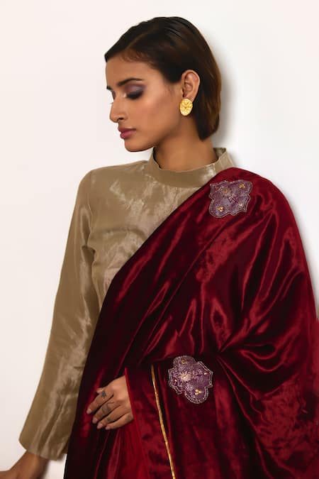 Shorshe Clothing_Red Tissue, Velvet Gota Patti, Lace, Sequins Color Block Patch Embroidered Saree _Online_at_Aza_Fashions