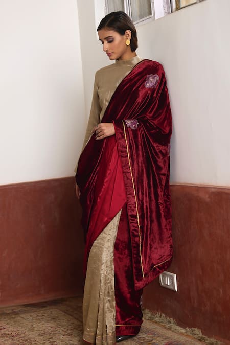 Buy_Shorshe Clothing_Red Tissue, Velvet Gota Patti, Lace, Sequins Color Block Patch Embroidered Saree _Online_at_Aza_Fashions
