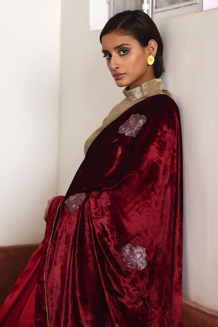 Shop_Shorshe Clothing_Red Tissue, Velvet Gota Patti, Lace, Sequins Color Block Patch Embroidered Saree _Online_at_Aza_Fashions