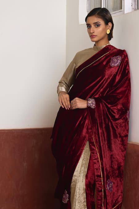 Shorshe Clothing_Red Tissue, Velvet Gota Patti, Lace, Sequins Color Block Patch Embroidered Saree _at_Aza_Fashions