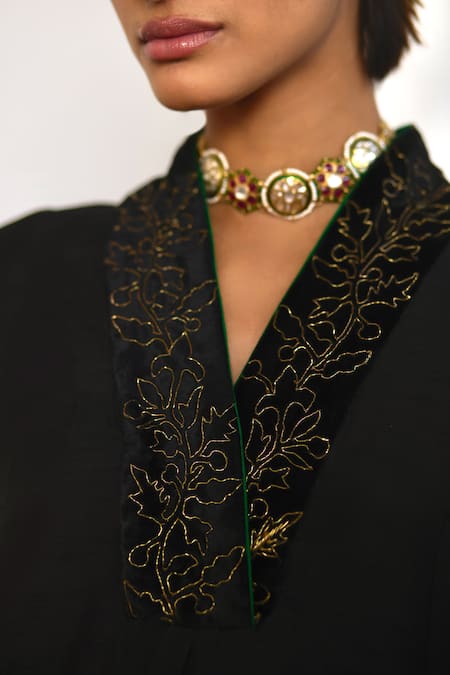 Buy_Shorshe Clothing_Black Velvet, Cotton, Silk Zari Zardozi Embroidered Yoke Anarkali And Pant Set _Online_at_Aza_Fashions