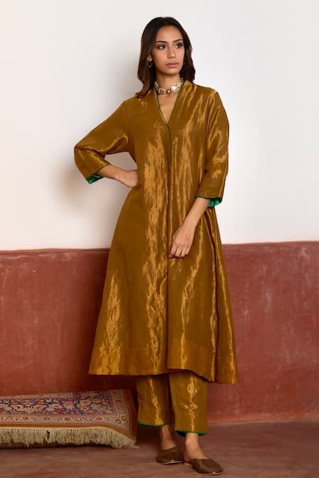 Shop Shorshe Clothing Gold Handloom Cotton V-neck Metallic Anarkali And Pant Set Online at Aza Fashions Shop_Shorshe Clothing_Gold Handloom Cotton V-neck Metallic Anarkali And Pant Set _Online_at_Aza_Fashions