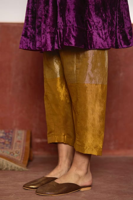 Shorshe Clothing_Purple Velvet, Cotton, Silk Embroidery V-neck Zardozi Yoke Anarkali And Pant Set _Online_at_Aza_Fashions