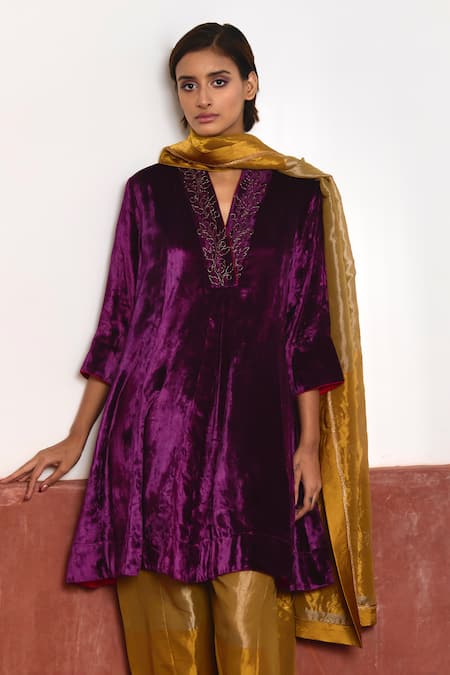 Shop_Shorshe Clothing_Purple Velvet, Cotton, Silk Embroidery V-neck Zardozi Yoke Anarkali And Pant Set _Online_at_Aza_Fashions