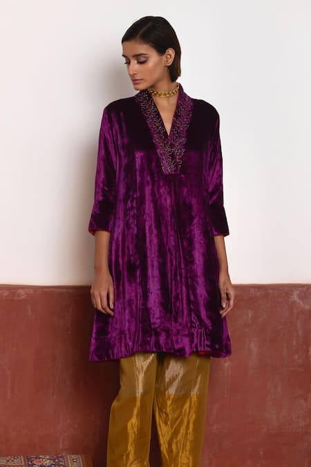 Shorshe Clothing_Purple Velvet, Cotton, Silk Embroidery V-neck Zardozi Yoke Anarkali And Pant Set _at_Aza_Fashions