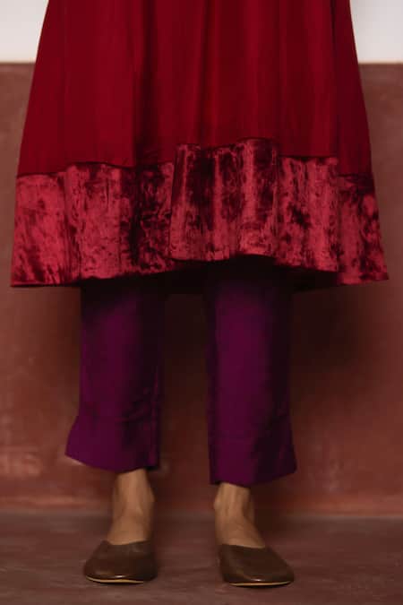 Shop_Shorshe Clothing_Black Velvet, Silk Embroidery V-neck Zardozi Work Yoke Anarkali And Pant Set _Online_at_Aza_Fashions