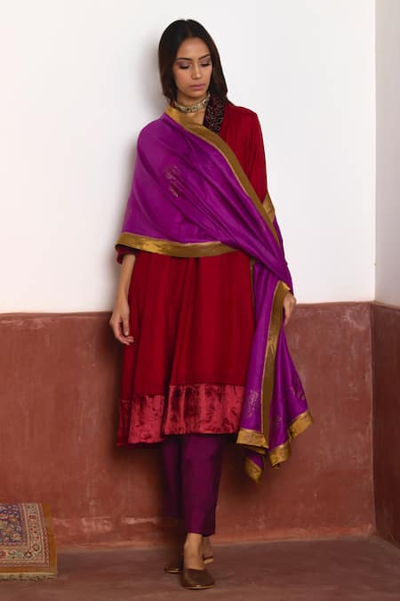 Shorshe Clothing_Black Velvet, Silk Embroidery V-neck Zardozi Work Yoke Anarkali And Pant Set _at_Aza_Fashions