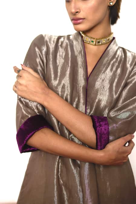 Shorshe Clothing Silver Handloom Cotton V-neck Metallic Anarkali And Pant Set Online at Aza Fashions Shorshe Clothing_Silver Handloom Cotton V-neck Metallic Anarkali And Pant Set _Online_at_Aza_Fashions