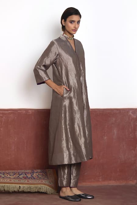 Shop Shorshe Clothing Silver Handloom Cotton V-neck Metallic Anarkali And Pant Set Online at Aza Fashions Shop_Shorshe Clothing_Silver Handloom Cotton V-neck Metallic Anarkali And Pant Set _Online_at_Aza_Fashions
