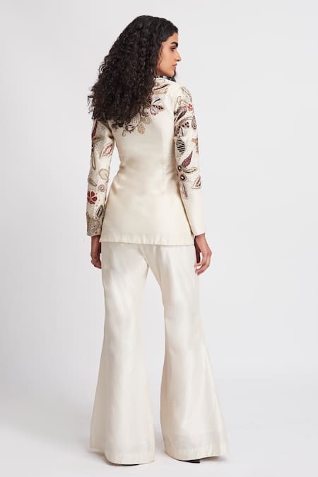 Shop_Aisha Rao_Ivory Silk Sequins, Beads Alabaster Floral Embellished Long Top With Pant _at_Aza_Fashions