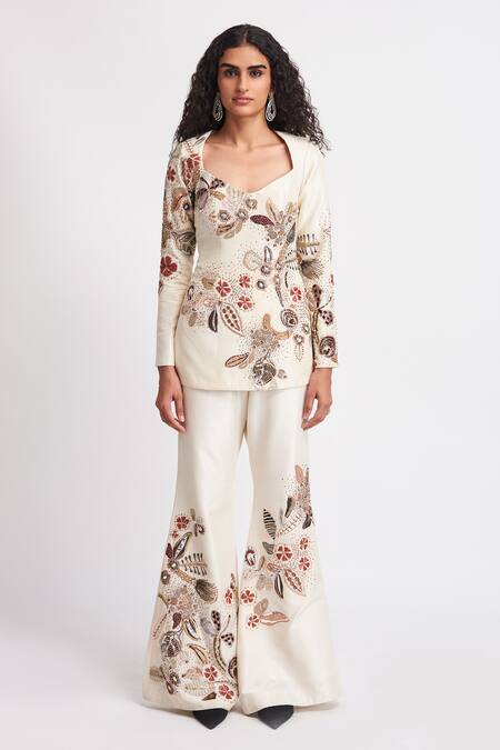 Aisha Rao_Ivory Silk Sequins, Beads Alabaster Floral Embellished Long Top With Pant _Online_at_Aza_Fashions