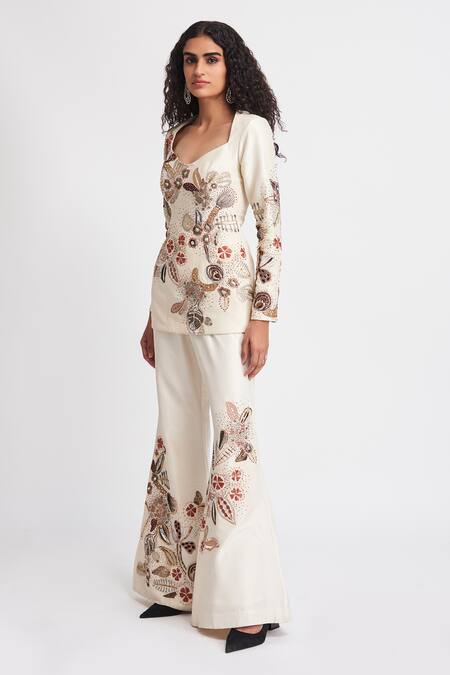 Buy_Aisha Rao_Ivory Silk Sequins, Beads Alabaster Floral Embellished Long Top With Pant _Online_at_Aza_Fashions