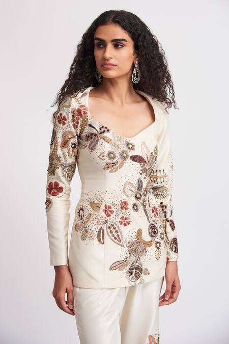 Shop_Aisha Rao_Ivory Silk Sequins, Beads Alabaster Floral Embellished Long Top With Pant _Online_at_Aza_Fashions