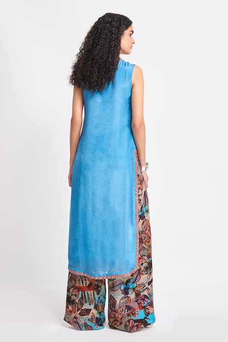 Shop Aisha Rao Blue Silk Beads, Sequins Round Neck Cerulea Embellished Yoke Kurta With Pant at Aza Fashions Shop_Aisha Rao_Blue Silk Beads, Sequins Round Neck Cerulea Embellished Yoke Kurta With Pant _at_Aza_Fashions