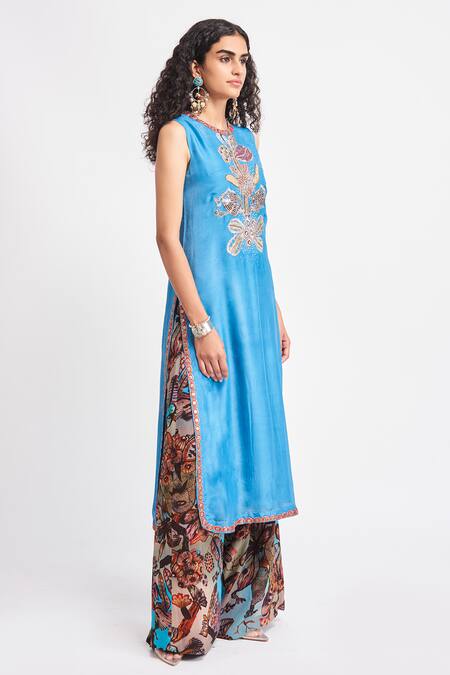 Aisha Rao Blue Silk Beads, Sequins Round Neck Cerulea Embellished Yoke Kurta With Pant Online at Aza Fashions Aisha Rao_Blue Silk Beads, Sequins Round Neck Cerulea Embellished Yoke Kurta With Pant _Online_at_Aza_Fashions
