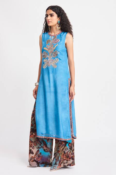 Buy Aisha Rao Blue Silk Beads, Sequins Round Neck Cerulea Embellished Yoke Kurta With Pant Online at Aza Fashions Buy_Aisha Rao_Blue Silk Beads, Sequins Round Neck Cerulea Embellished Yoke Kurta With Pant _Online_at_Aza_Fashions