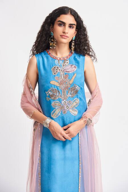 Shop Aisha Rao Blue Silk Beads, Sequins Round Neck Cerulea Embellished Yoke Kurta With Pant Online at Aza Fashions Shop_Aisha Rao_Blue Silk Beads, Sequins Round Neck Cerulea Embellished Yoke Kurta With Pant _Online_at_Aza_Fashions