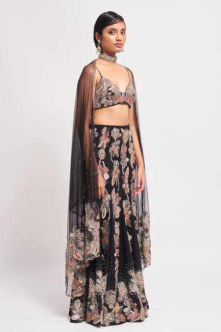 Aisha Rao Black Georgette Sequins, Beads Gilded Floral Embellished Mermaid Lehenga Set Online at Aza Fashions Aisha Rao_Black Georgette Sequins, Beads Gilded Floral Embellished Mermaid Lehenga Set _Online_at_Aza_Fashions