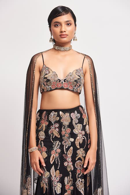 Buy Aisha Rao Black Georgette Sequins, Beads Gilded Floral Embellished Mermaid Lehenga Set Online at Aza Fashions Buy_Aisha Rao_Black Georgette Sequins, Beads Gilded Floral Embellished Mermaid Lehenga Set _Online_at_Aza_Fashions