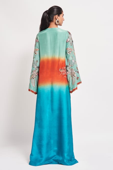 Shop_Aisha Rao_Blue Silk Sequins, Beads V-neck Halcyon Floral Embellished Kaftan _at_Aza_Fashions