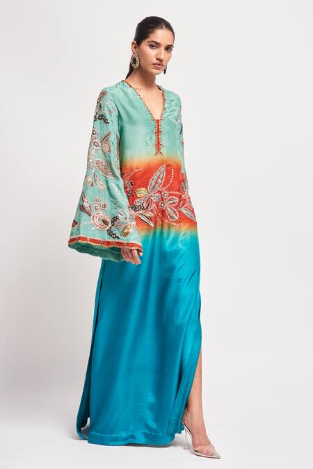 Aisha Rao_Blue Silk Sequins, Beads V-neck Halcyon Floral Embellished Kaftan _Online_at_Aza_Fashions