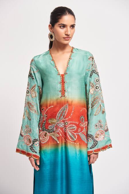 Buy_Aisha Rao_Blue Silk Sequins, Beads V-neck Halcyon Floral Embellished Kaftan _Online_at_Aza_Fashions
