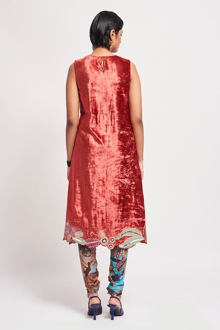 Shop Aisha Rao Red Velvet, Cotton Sequins, Zari, Beads Imara Embellished Kurta With Churidar at Aza Fashions Shop_Aisha Rao_Red Velvet, Cotton Sequins, Zari, Beads Imara Embellished Kurta With Churidar _at_Aza_Fashions