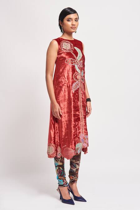 Aisha Rao Red Velvet, Cotton Sequins, Zari, Beads Imara Embellished Kurta With Churidar Online at Aza Fashions Aisha Rao_Red Velvet, Cotton Sequins, Zari, Beads Imara Embellished Kurta With Churidar _Online_at_Aza_Fashions