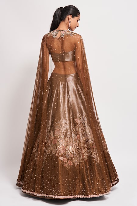 Shop_Aisha Rao_Gold Tissue, Tulle Beads, Sequins Round Neck Mirage Embellished Lehenga Cape Set _at_Aza_Fashions