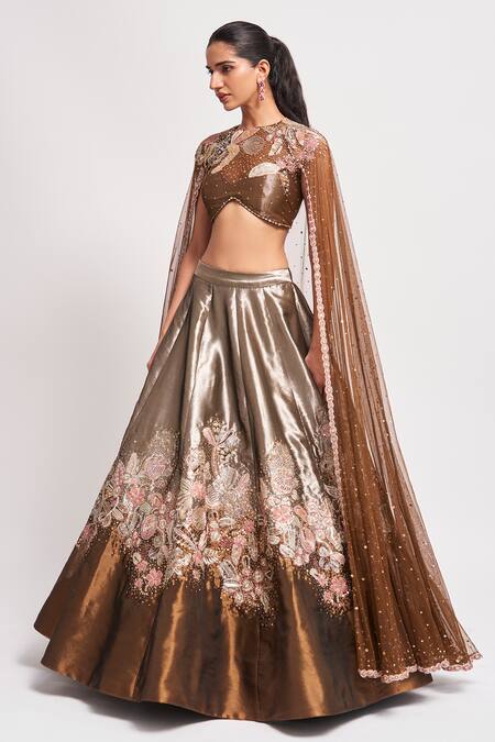 Aisha Rao_Gold Tissue, Tulle Beads, Sequins Round Neck Mirage Embellished Lehenga Cape Set _Online_at_Aza_Fashions