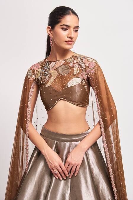 Buy_Aisha Rao_Gold Tissue, Tulle Beads, Sequins Round Neck Mirage Embellished Lehenga Cape Set _Online_at_Aza_Fashions