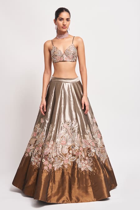 Shop_Aisha Rao_Gold Tissue, Tulle Beads, Sequins Round Neck Mirage Embellished Lehenga Cape Set _Online_at_Aza_Fashions
