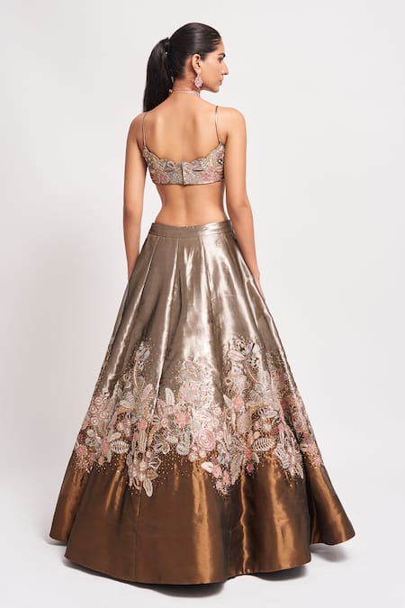 Aisha Rao_Gold Tissue, Tulle Beads, Sequins Round Neck Mirage Embellished Lehenga Cape Set _at_Aza_Fashions