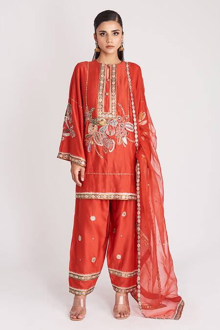 Aisha Rao Red Chanderi Embroidery, Sequins, Beads Round Neck Pavni Kurta Pant Set 