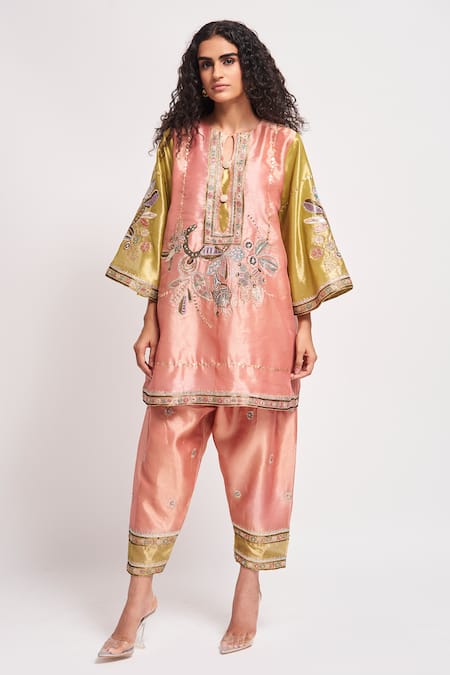 Aisha Rao Peach Tissue Sequins, Beads, Embroidery Round Persica Embellished Kurta Pant Set 