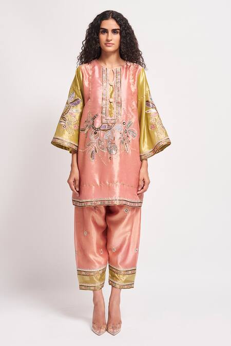 Aisha Rao_Peach Tissue Sequins, Beads, Embroidery Round Persica Embellished Kurta Pant Set _Online_at_Aza_Fashions