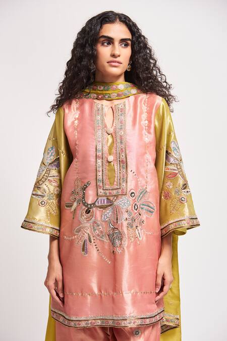 Aisha Rao_Peach Tissue Sequins, Beads, Embroidery Round Persica Embellished Kurta Pant Set _at_Aza_Fashions