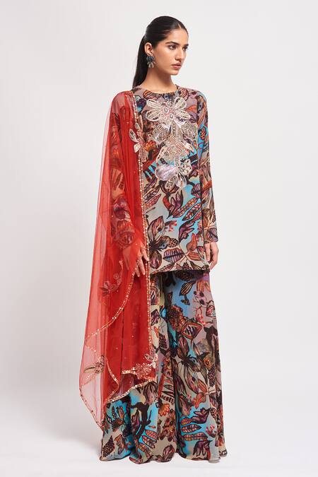 Aisha Rao Multi Color Georgette Sequins, Beads, Shyla Floral Print Kurta Sharara Set Online at Aza Fashions Aisha Rao_Multi Color Georgette Sequins, Beads, Shyla Floral Print Kurta Sharara Set _Online_at_Aza_Fashions