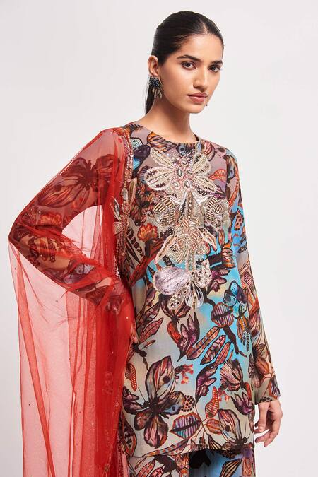 Buy Aisha Rao Multi Color Georgette Sequins, Beads, Shyla Floral Print Kurta Sharara Set Online at Aza Fashions Buy_Aisha Rao_Multi Color Georgette Sequins, Beads, Shyla Floral Print Kurta Sharara Set _Online_at_Aza_Fashions