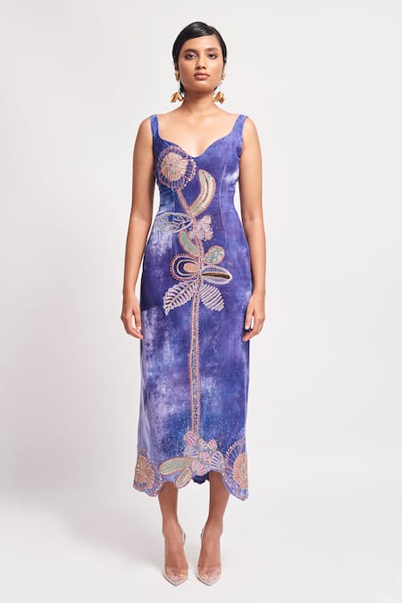 Aisha Rao Purple Velvet Embellished Floral Sweetheart Neck Synergy Dress 