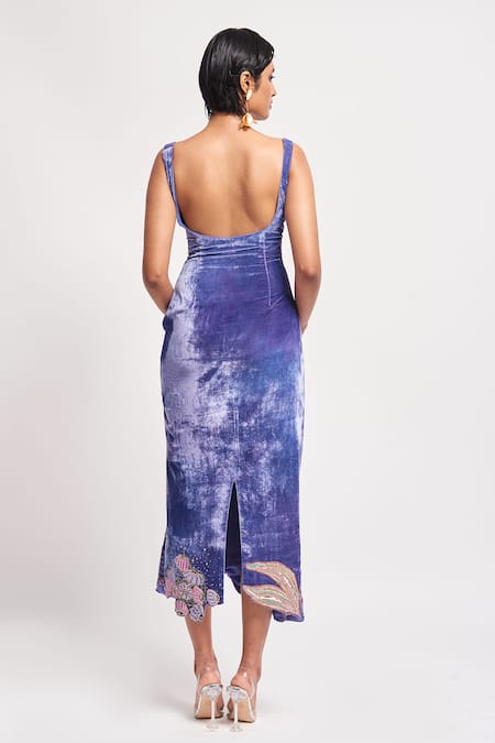 Shop_Aisha Rao_Purple Velvet Sequins, Beads Sweetheart Neck Synergy Embellished Dress _at_Aza_Fashions