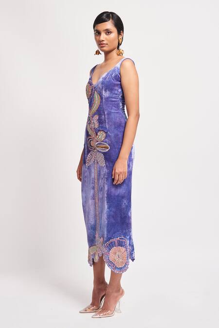 Buy_Aisha Rao_Purple Velvet Sequins, Beads Sweetheart Neck Synergy Embellished Dress _Online_at_Aza_Fashions