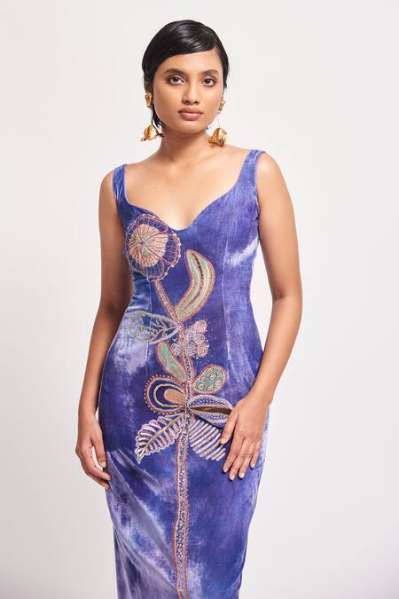 Shop_Aisha Rao_Purple Velvet Sequins, Beads Sweetheart Neck Synergy Embellished Dress _Online_at_Aza_Fashions