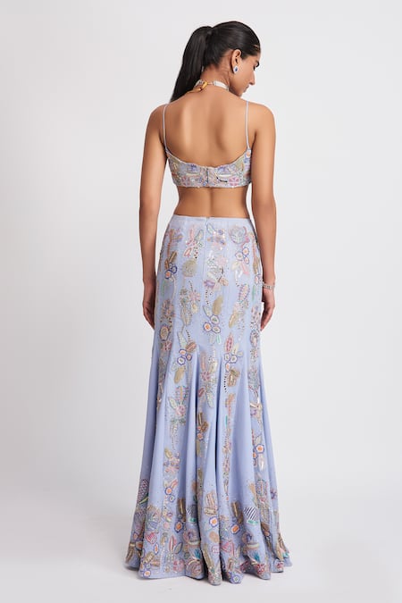 Shop_Aisha Rao_Blue Georgette Sequins, Beads Wisteria Embellished Mermaid Lehenga Set _at_Aza_Fashions