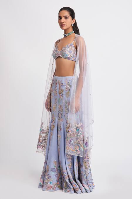 Aisha Rao_Blue Georgette Sequins, Beads Wisteria Embellished Mermaid Lehenga Set _Online_at_Aza_Fashions