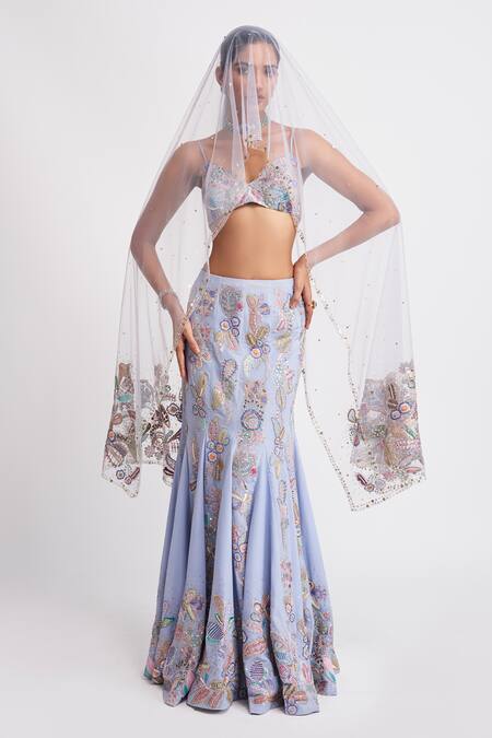 Buy_Aisha Rao_Blue Georgette Sequins, Beads Wisteria Embellished Mermaid Lehenga Set _Online_at_Aza_Fashions