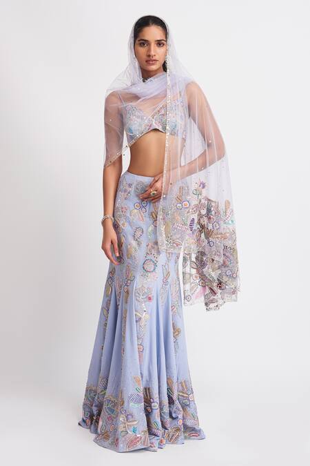 Shop_Aisha Rao_Blue Georgette Sequins, Beads Wisteria Embellished Mermaid Lehenga Set _Online_at_Aza_Fashions
