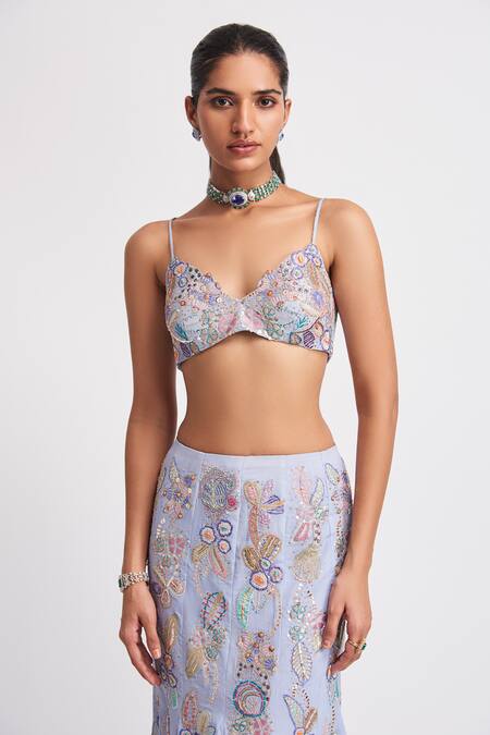 Aisha Rao_Blue Georgette Sequins, Beads Wisteria Embellished Mermaid Lehenga Set _at_Aza_Fashions