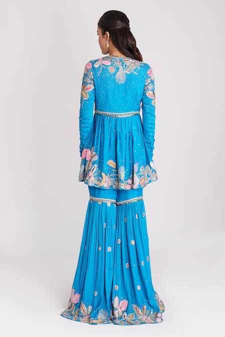 Shop Aisha Rao Blue Muslin, Organza, Crepe Sequins, Yin Yang Embellished Anarkali Gharara Set at Aza Fashions Shop_Aisha Rao_Blue Muslin, Organza, Crepe Sequins, Yin Yang Embellished Anarkali Gharara Set _at_Aza_Fashions